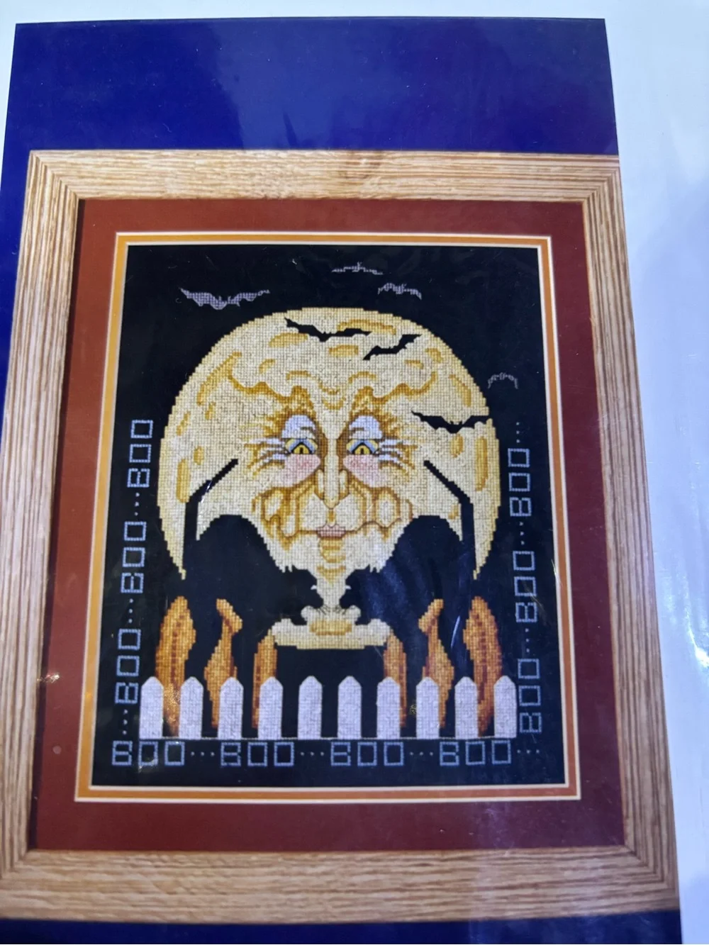 Cats & Moon (Boo) Counted Cross Stitch Wall Art - Black & Gold